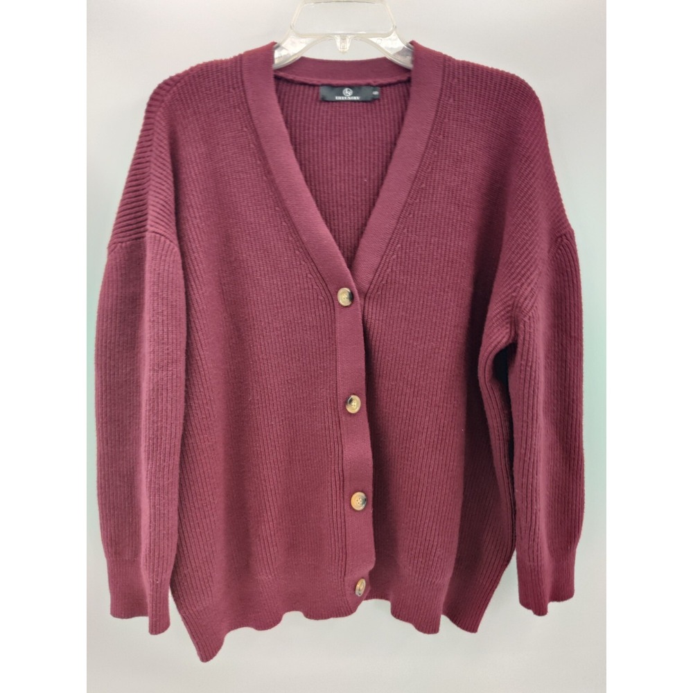 Lillusory Womens Cardigan Sweater Burgundy Button Front Ribbed Knit Small